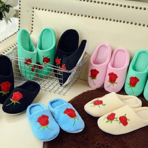 Winter Indoor Rose Embroider Slipper Women Short Plush Flat Shoes Soft Sole Slides Warm Cute Funny Cartoon Print Cotton Slippers