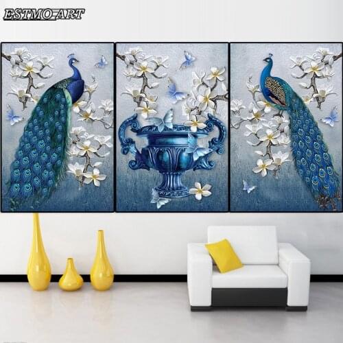 Triptych Peacock and Vase Butterfly ART Canvas Painting Bedroom Parlor Room Decor Wall Prints Posters Decorative Paintings