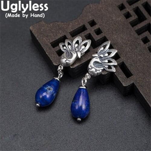 Uglyless Thai Silver Peacock Earrings for Women WaterDrop Lapis Earrings Retro Ethnic Animals Peacock Phoenix Jewelry 925 Silver