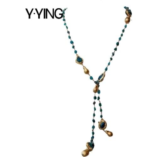 Y·YING Natural Blue kyanites Gold color Plated Brushed Bead Long Necklace 40" sweater chain necklace for women