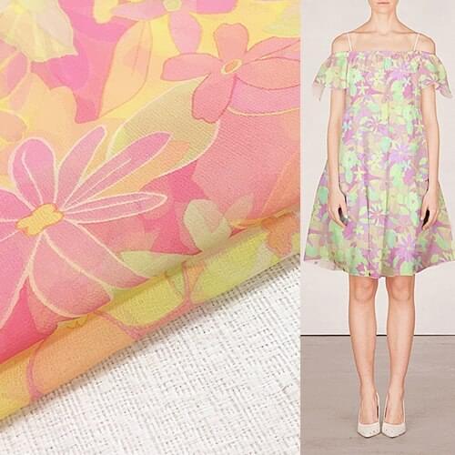 Bright design pink flower print silk georgette gauze fabric transparent,SCG313