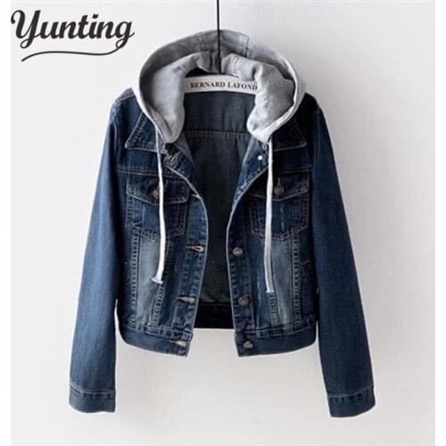 Denim Woman Student Korean Style Short Coat Female Long Sleeve Hooded Button Top Solid Color Jacket