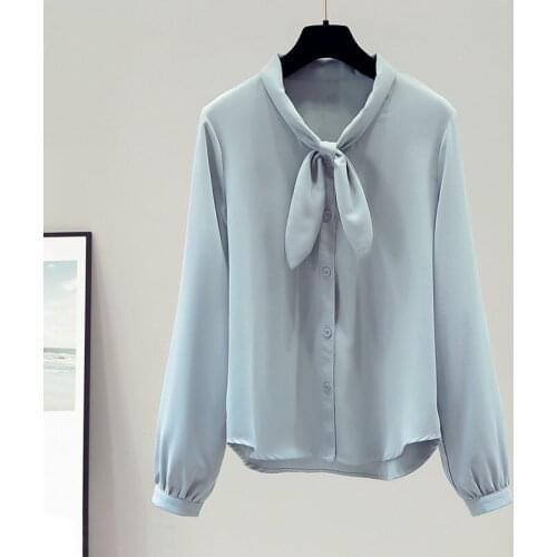 Shirt Womens 2020 Autumn Long-Sleeved Chiffon Casual Bow Solid Stand Clothing for Women Tops Blusas Femininas Shirts 0812
