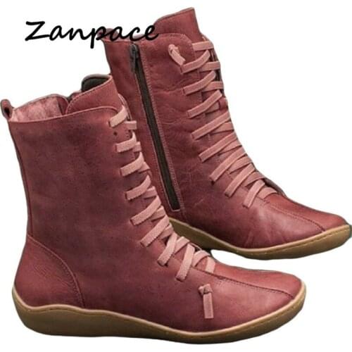 ZANPACE 2019 Winter Boots Women Large Size 43 Retro Plush Matte Leather Shoes Woman PU Round Toe Flat with Casual Ankle Boots