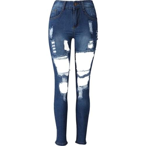 Women s spring summer hole ripped sexy jeans pants cool mid waist casual vintage straight tight denim long trousers pencil pants