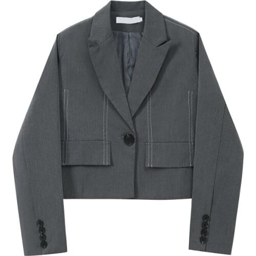Womens Short Blazer Jacket 2021 autumn Grey Single Button V-Neck Pocket Streetwear Coat Female Korean Casual Crop Outerwear