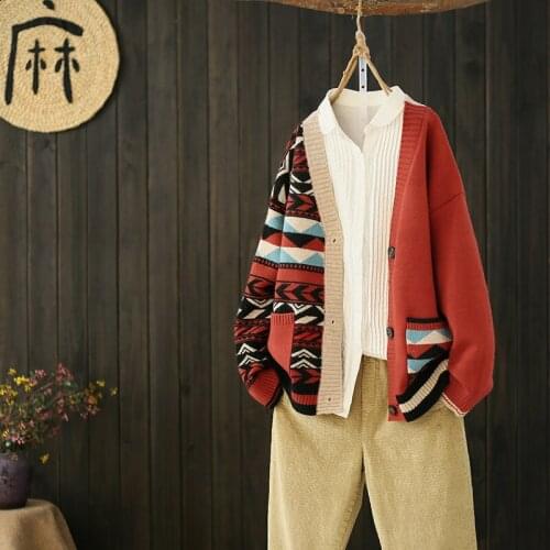 2020 Autumn Winter Knitted Cardigan Women Loose Color Matching V-Neck Long Sleeve Large Pockets Buttons Female Sweater Coat Z738