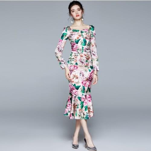 ZUOMAN Women Autumn Elegant Floral Satin Dress Festa High Quality Long Vintage Trumpet Party Robe Femme Designer Vestidos
