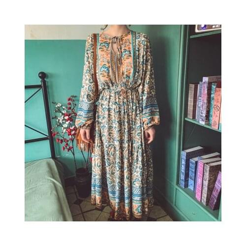 TEELYNN boho long sleeve midi dresses for women vintage floral printed cotton rayon 2020 autumn dress tunic casual long vestidos
