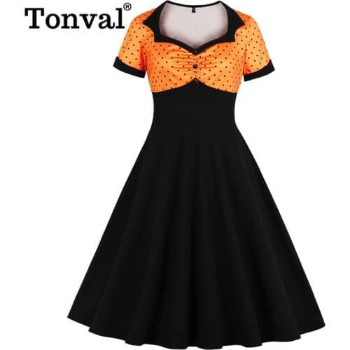 Tonval Orange and Black High Waist Vintage 1950s Pin Up Women Dress Sweetheart Neckline Button Front Polka Dot Midi Dresses
