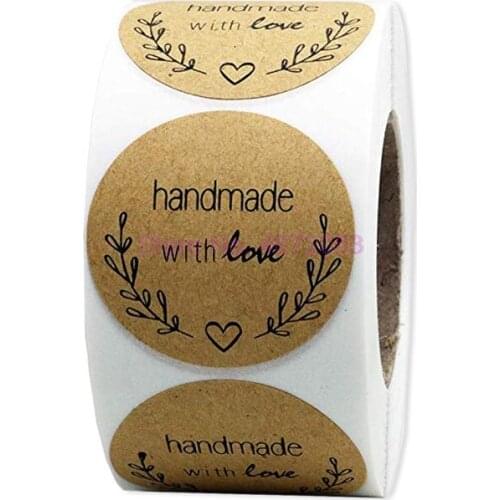 100 rolls Natural Kraft round handmade with love Stickers scrapbooking stickers for Package stationery sticker 500 Labels/roll