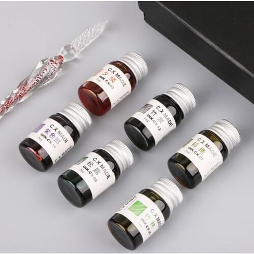 12pcs Gold Powder Colored Bottled Glass Dip Pen Ink Set Fountain Writing Signature Box Gift 7ML QX2B