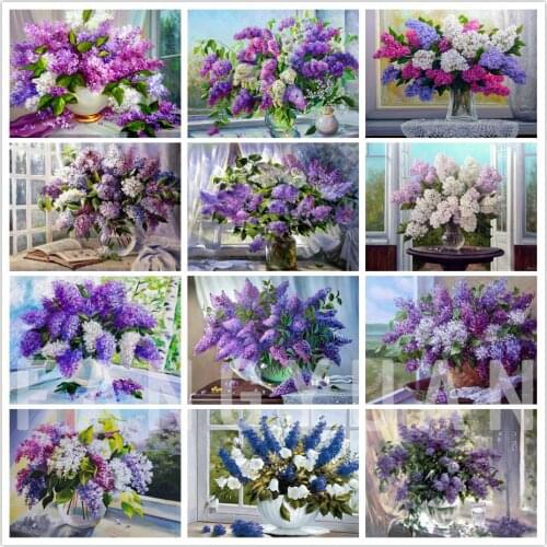 5D Diy Diamond Painting Lilac Flowers Cross Stitch Vase Full Square Round Rhinestone Embroidery Wall Art Poster Home Decoration