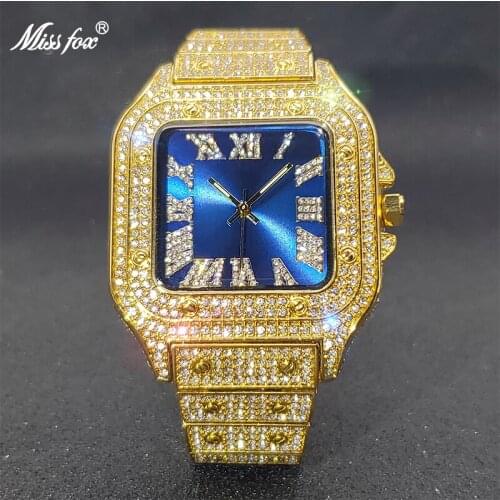 MISSFOX Gold Watch Men Fashion Luxury Design Royal Blue Dial Couple Square Watches Hip Hop High Quality Timepieces Dropshipping