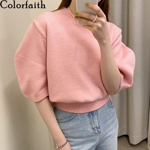 Colorfaith New 2021 Women Summer T-Shirt Bottoming Basic Solid Oversize Half Sleeve Knitted Korean Style Wild Lady Tops T6177