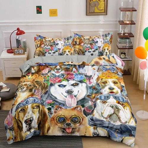2-3 Pcs Cute Cartoon Pug Dog Luxury Bedding Set Color Painting Animal Duvet Cover Bed Sets Single Double King Queen Bedclothes
