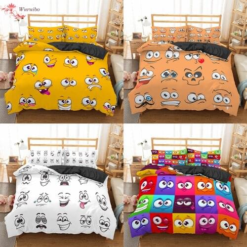 Homesky Cartoon Bedding Set Funny Face Duvet Cover Microfiber Linen Textile Comforter Cover Pillow Case 2/3 pcs Adult Child Size
