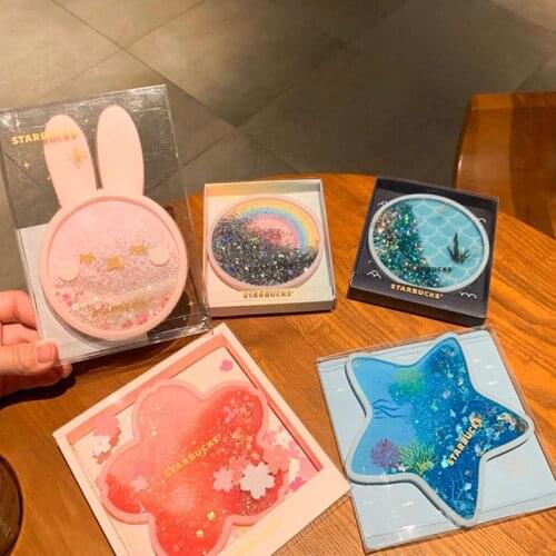 Creative Silicone Anti-Slip Drink Coasters Shining Quicksand Heat Insulation Pads Beautiful Blossom Cherry Placemats Tableware