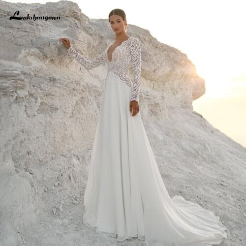 Lakshmigown Long Sleeves Boho Wedding Dresses 2021 V Neck Bohemian Lace Chiffon Bridal Dress Beach Bridal Gown robe de mariee