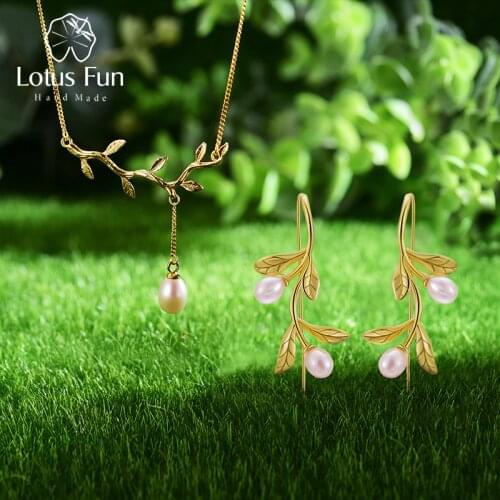 Lotus Fun Real 925 Sterling Silver Natural Pearl Fine Jewelry Waterdrop from Olive Leaves Jewelry Set with Drop Earring Necklace