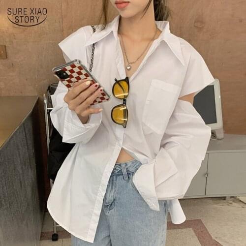 Fashion White Blouse Elegant Top Chic Off Shoulder Casual Loose Cotton Pocket Shirt Hollow Long Sleeve Blouse Blusas Mujer 16913