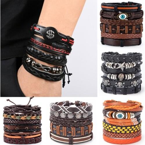 Vintage 5 Pcs/set US Dollar Infinit Charm Weave Black Leather Men Bracelets For Women Homme Femme Male Jewelry Wholesale