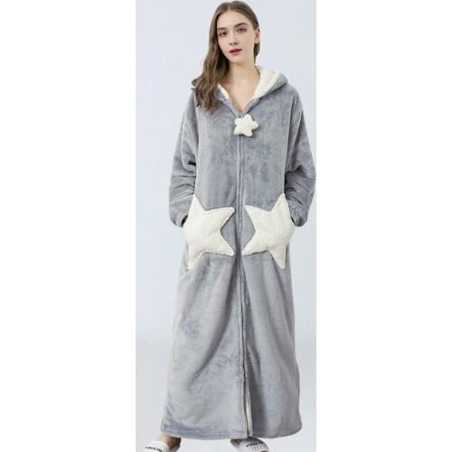 Nightgown for Women Sleepwear Robe Cute Spring and Autumn Thick Womens Winter Flannel Mens Zipper Long Coral Fleece
