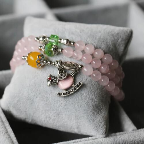 New 6mm Pink Chalcedony Bracelet Opal Horse Small Pendant Green Crystal Jewelry Bracelet Multilayer Chain Necklace Natural Stone