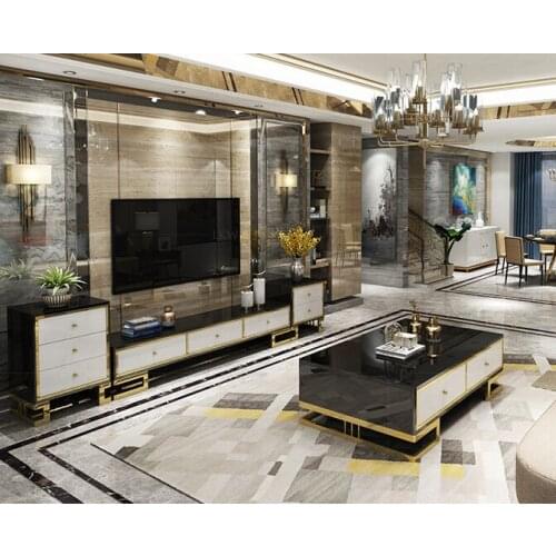 Gold Stainless steel TV Stand modern Living Room marble coffee table + tv led monitor stand + 2 cabinet mueble tv cabinet mesa