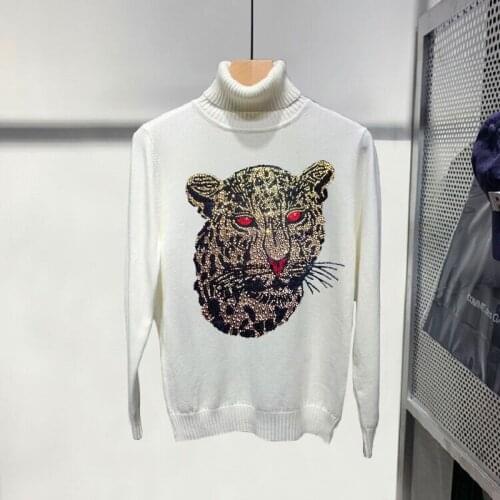 Casual Black Loose Soft Bottoming Long-Sleeved Leopard Pullover Mens Turtleneck Sweater Cashmere Sweatshirt Brand