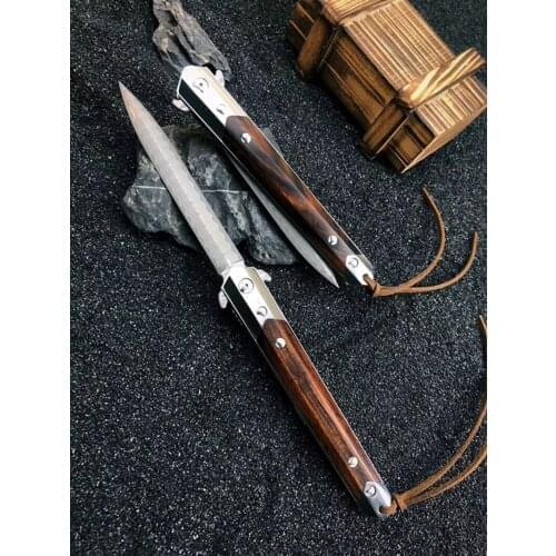 VG10 Damascus Steel Folding Knife with Leather Sheath Desert Ironwood Handle Self-defense Pocket Knives Gift Collection