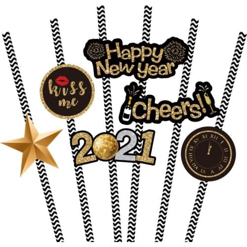 Happy New Year Party Straws 2021 Xmas Party Decorations DIY Cheers Disposable Paper Drinking Straws Merry Christmas Party Favors