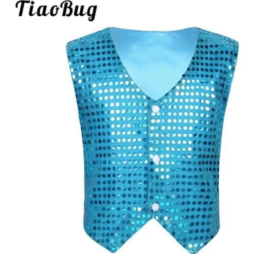 TiaoBug Kids Teens Glittery Sequins Dance Wear Vest Waistcoat Children Boys Choir Hiphop Jazz Stage Performance Dance Costumes