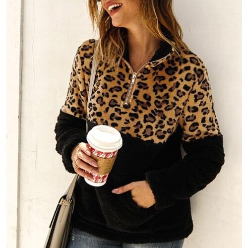 2020 Female Leopard Patchwork Sweatshirt Coats Autumn Winter Warm Thick Fleece Zipper Pockets Pullovers Fashion Tops Streetwear