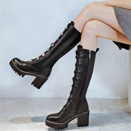 Thigh High Chunky Platform Pumps Shoes Women Genuine Leather High Heel Mid Calf Motorcyle Boots Female Round Toe Riding Boots