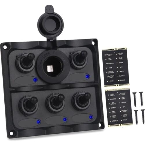 Waterproof Circuit Breaker Yacht Boat Switch Panel 12v Marine Car 5 Gang Rocker Switch Panel Led + Cigarette Lighter Plug