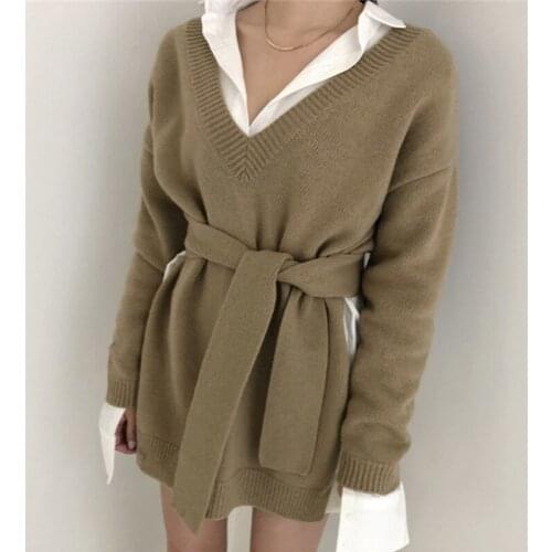 2021 New Irregular Women Sweate V Neck Lace Up Female Knitted Pullovers Long Sleeve Sweater Autumn Winter Knitted Jumpers