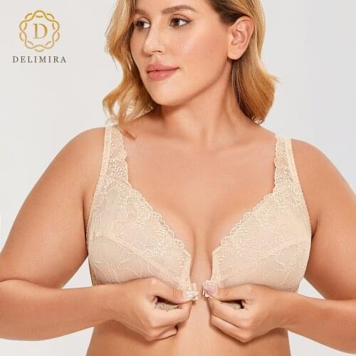 DELIMIRA Womens Plus Size Sheer Floral Lace Front Closure Bra Full Coverage Underwire Unlined