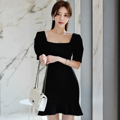 New arrival fashion party dress women elegant summer square collar vintage puff sleeve simple temperament black mermaid dress