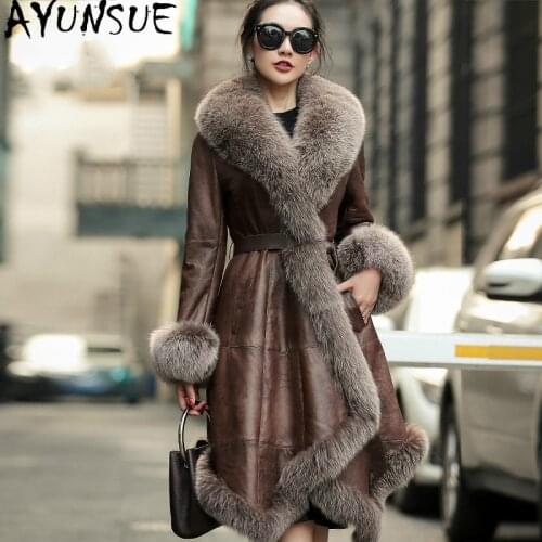 AYUNSUE 2020 Real Fur Coat Female Winter Clothes Women Sheep Shearling Long Fur Jacket Fox Fur Collar Abrigo Mujer XS19D08-29
