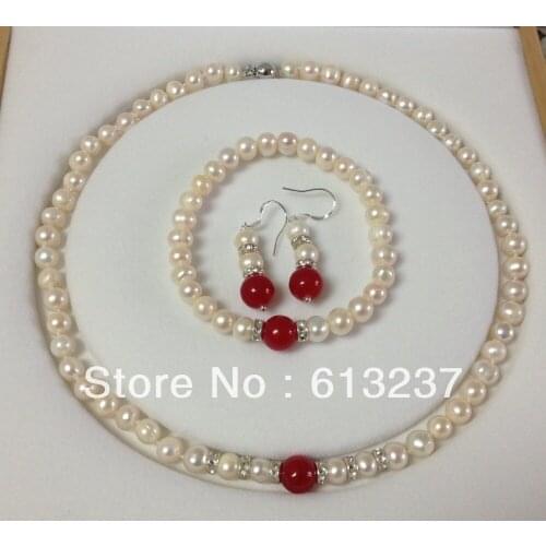 Hot free Shipping new Fashion Style diy White Akoya Cultured Pearl/Red chalcedony bracelets necklace earrings set MY5014