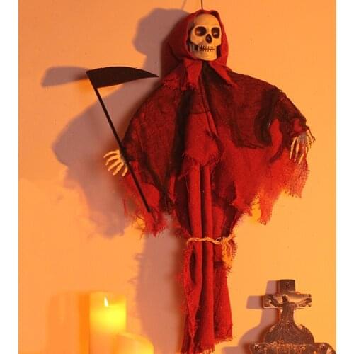 Halloween Hanging Red Cloth SkeletonGhost Grim Reaper Death SkullProp Outdoor DecorNight Party PropHanging Decoration