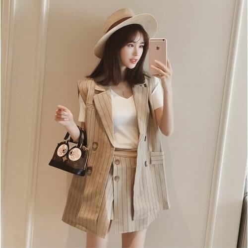 HStar women fashion blazer vest 2 Pieces Set sleeveless female jacket coat strip suit office lady blazer skirt suit