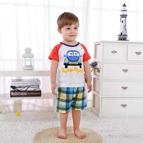 Summer Baby Boy Clothes Cotton Cart Print T-shirt+Plaid Shorts 2PCS Casual Cartoon Boys Clothes Fashion Clothing Set DS19