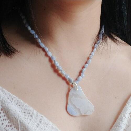 Lii Ji Real Stone Light Blue Necklace Pearl Blue Lace Agates Pendant Necklace 45-49cm Women Jewelry Gift Stock Sale