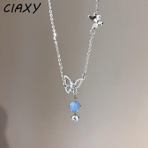 CIAXY 925 Sterling Silver Inlaid Zircon Butterfly Necklace Female Blue Crystal Pendant Clavicle Chain Choker Fashion Jewelry
