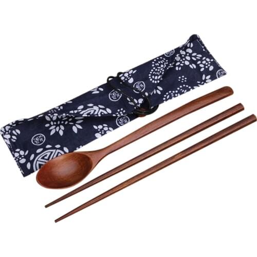 1 Pairs Chopstick +1 Spoons Handmade Japanese Natural Wood Spoon Set With Gift Pocket Bamboo DROP SHIP