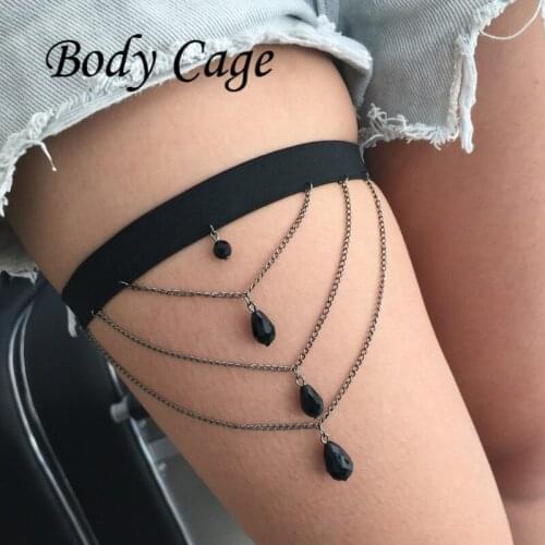 Body Cage 1pc Fashion black beads Punk Garters Belt Women Elastic Leg Three-tier tassel design Garter Belt Rock Accessories