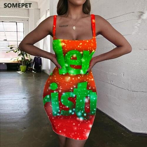 SOMEPET Christmas Dress Women New Year Sundress Painting Bodycon Dress Funny Vestido Sexy Womens Clothing Party Short Boho Femme