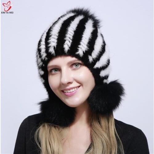 Free Shipping 2018 New Women Real Mink Fur Hat Winter Russian Warm Knitting Fur Genuine Mink Hat Warm Fox Pompom Earflap cap hat